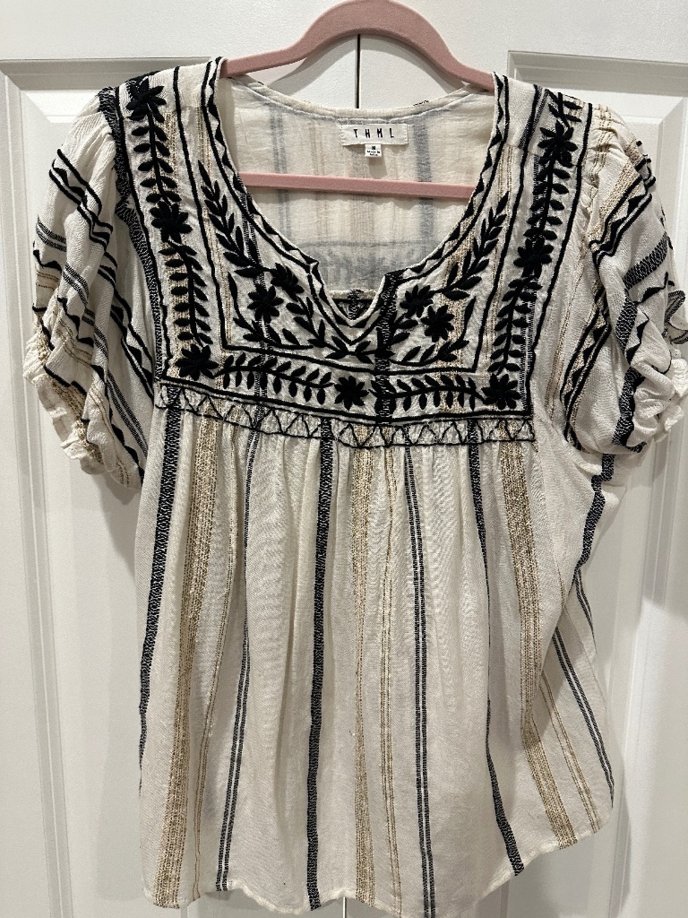 Cream/ Black THML shortsleeve  Embroidered Top